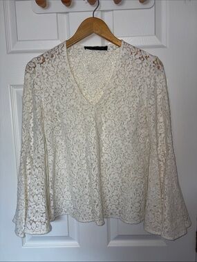 Ivory Floral Lace V-Neck Blouse with Flared Sleeves